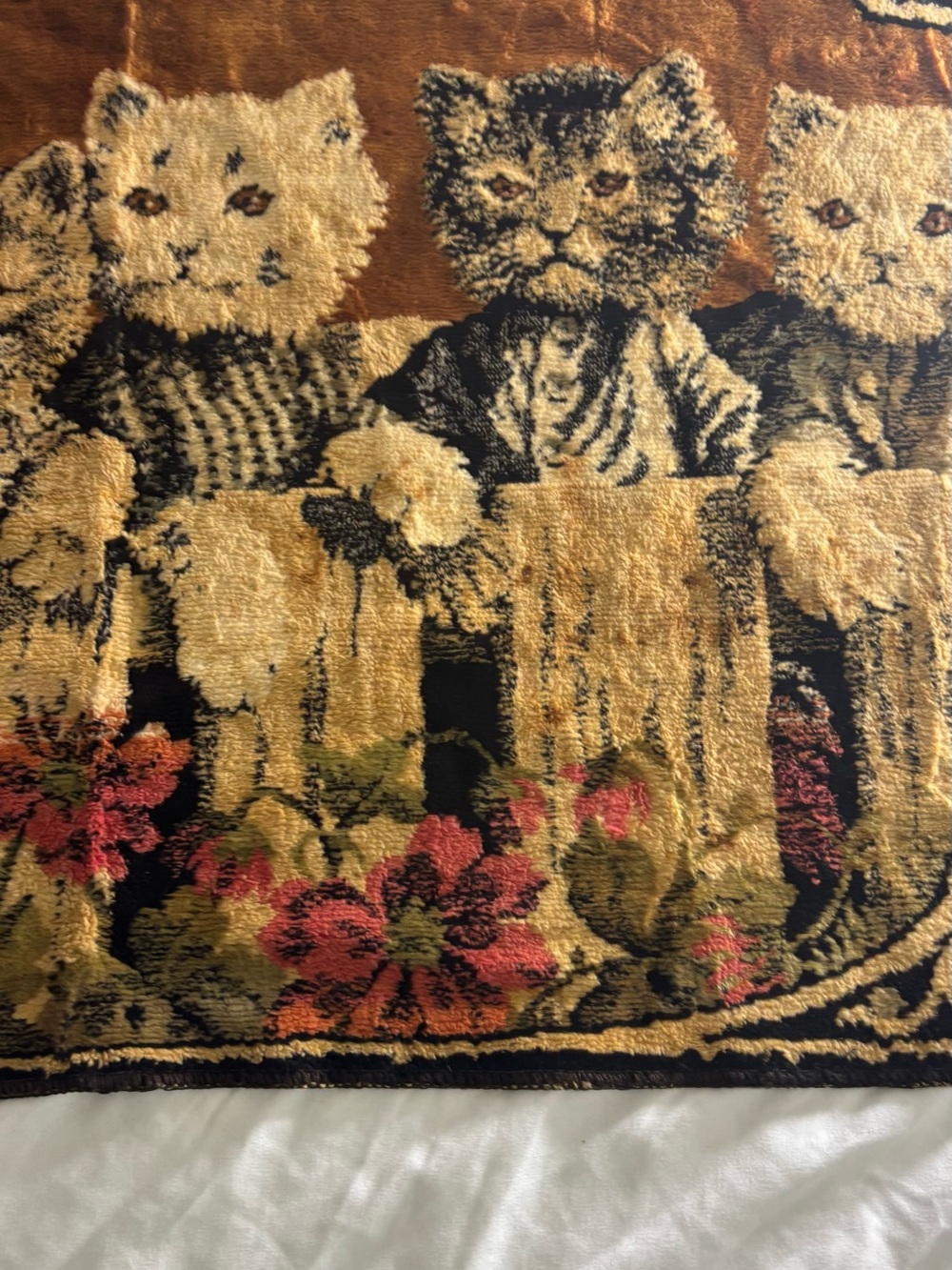 Plush Multicolor Cat Tapestry Throw multicolor vintage 80s picket fence floral - Picture 5 of 13